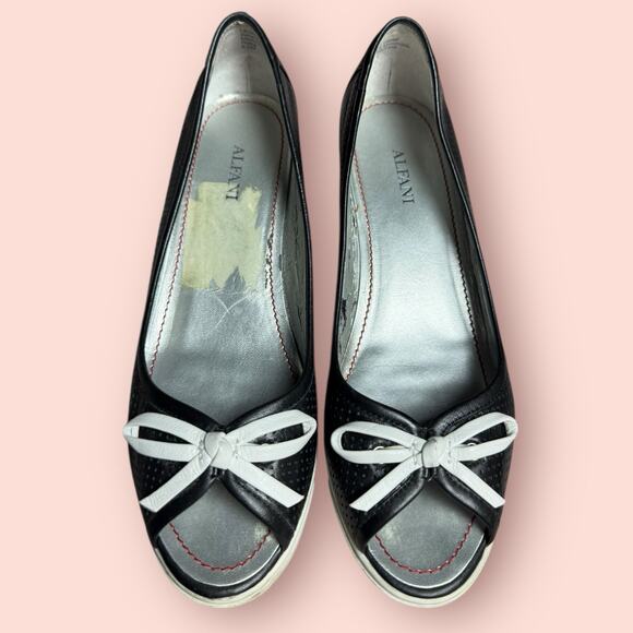 Y2K Wedge Heel Open Toe Sandals Black Leather Women’s 6.5 White Bow Alfani Reba - Picture 2 of 6
